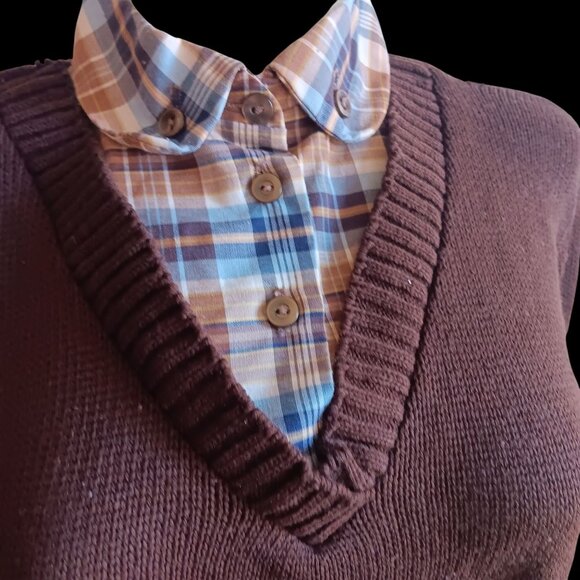 Women's Medium V-Neck Sweater Vintage 70's Brown Layered Look Cottage Granny - Picture 2 of 8